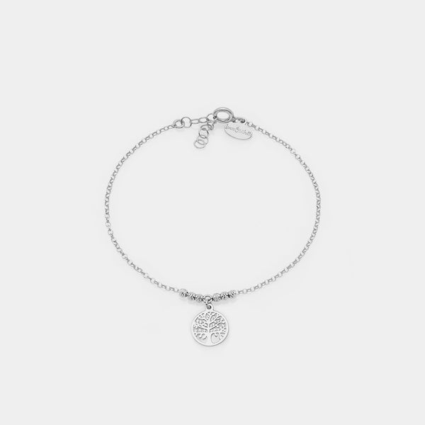 Rhodium-plated silver bracelet with faceted spheres and central round cut-out tree of life pendant