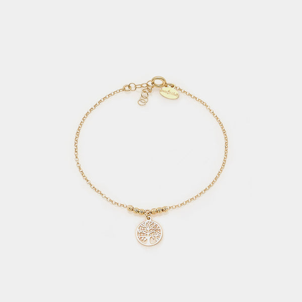 Gold-plated silver bracelet with faceted spheres and round cut-out tree of life central pendant