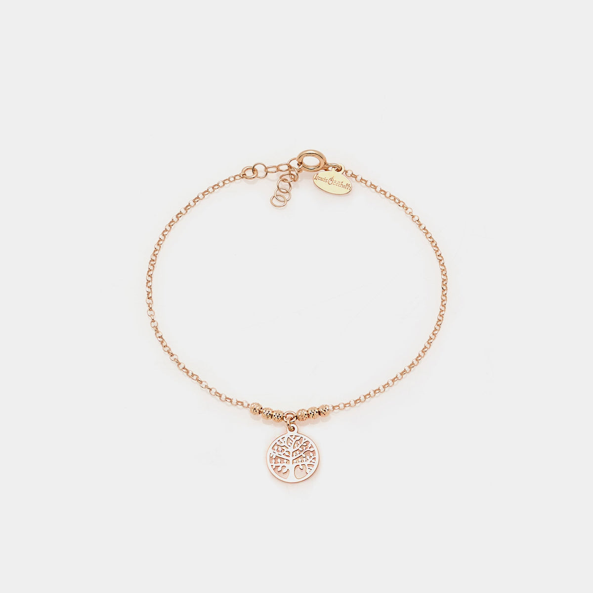 Rose gold bracelet with faceted spheres and central round cut-out tree of life pendant