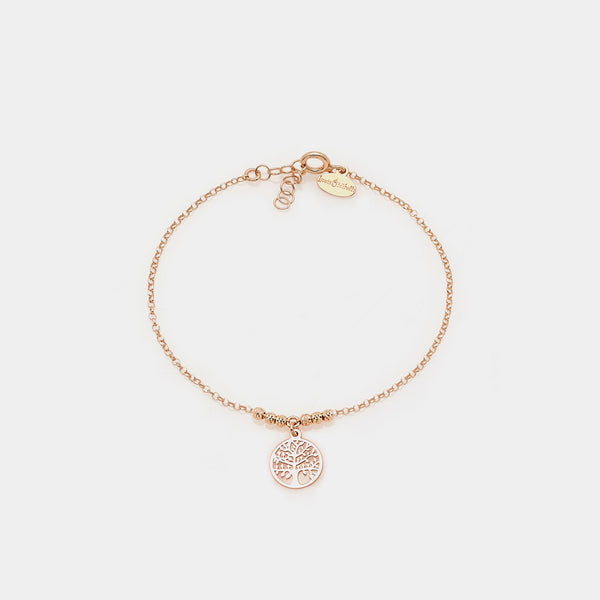 Rose gold bracelet with faceted spheres and central round cut-out tree of life pendant