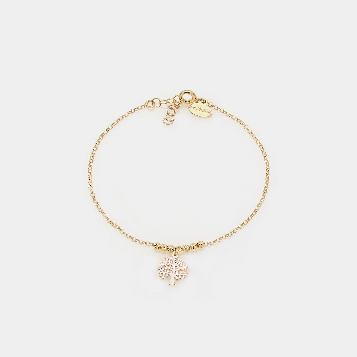 Gold-plated silver bracelet with faceted spheres and central pierced tree of life pendant