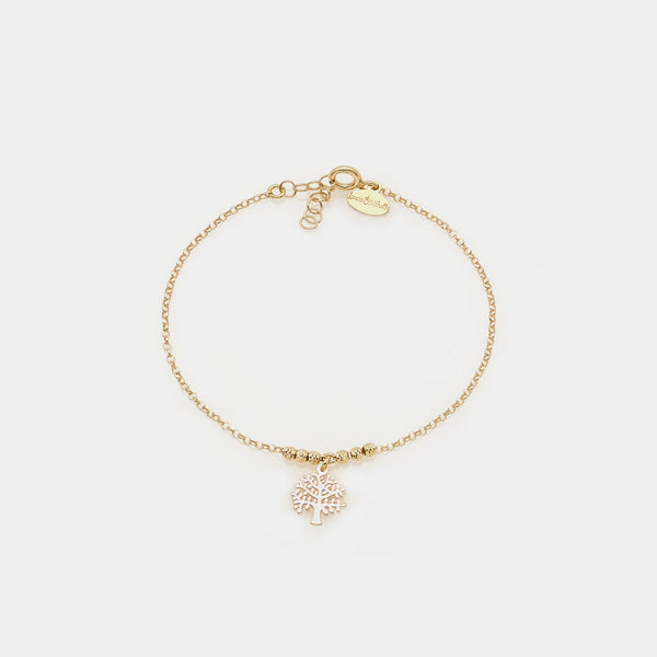 Gold-plated silver bracelet with faceted spheres and central pierced tree of life pendant