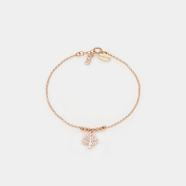 Rose gold plated silver bracelet with faceted spheres and central cut-out tree of life pendant