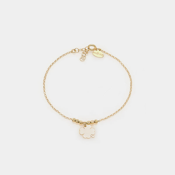 Bracciale argento dorato con sfere sfaccettate e quadrifoglio pendente centrale