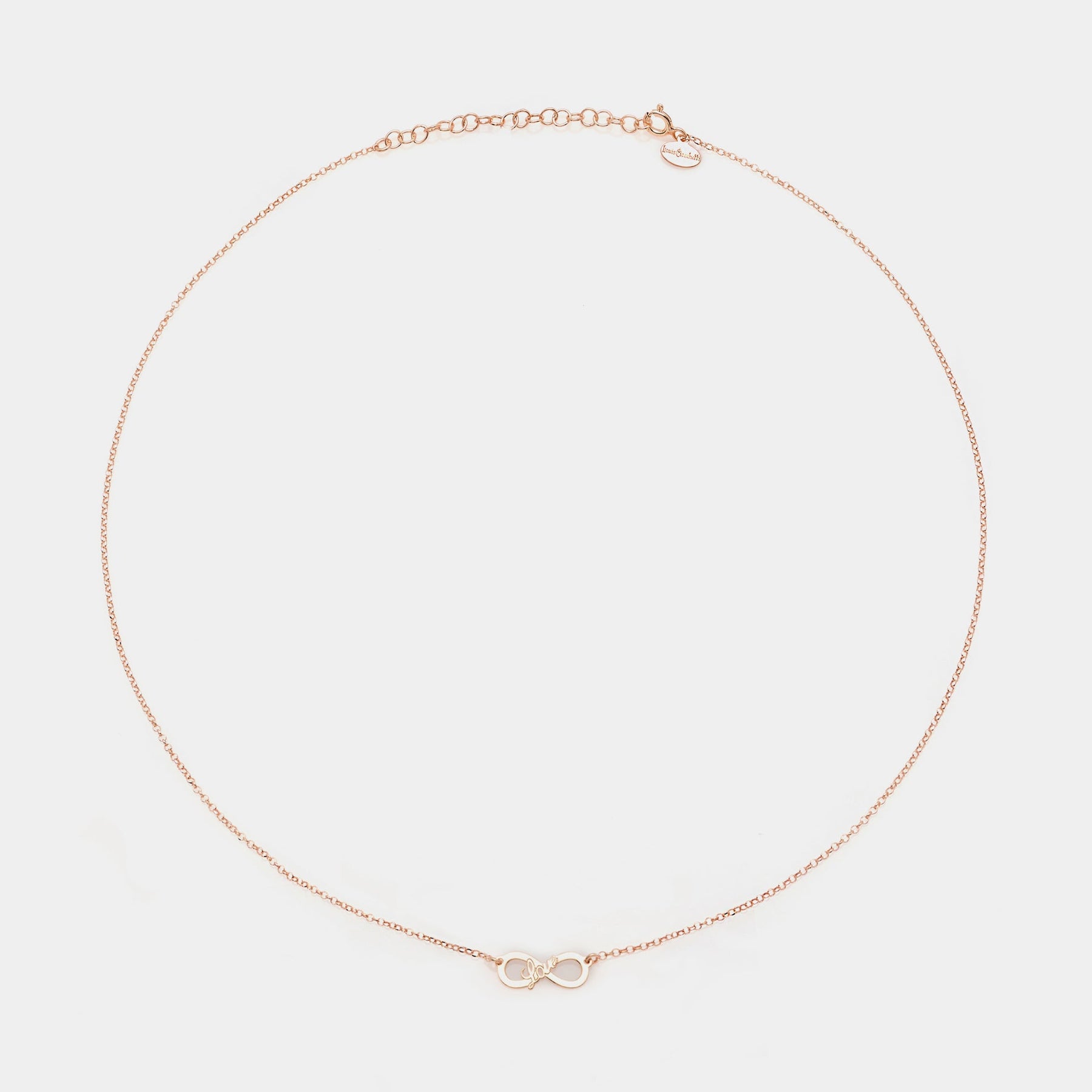 Rose gold silver necklace with pierced infinity center and LOVE inscription