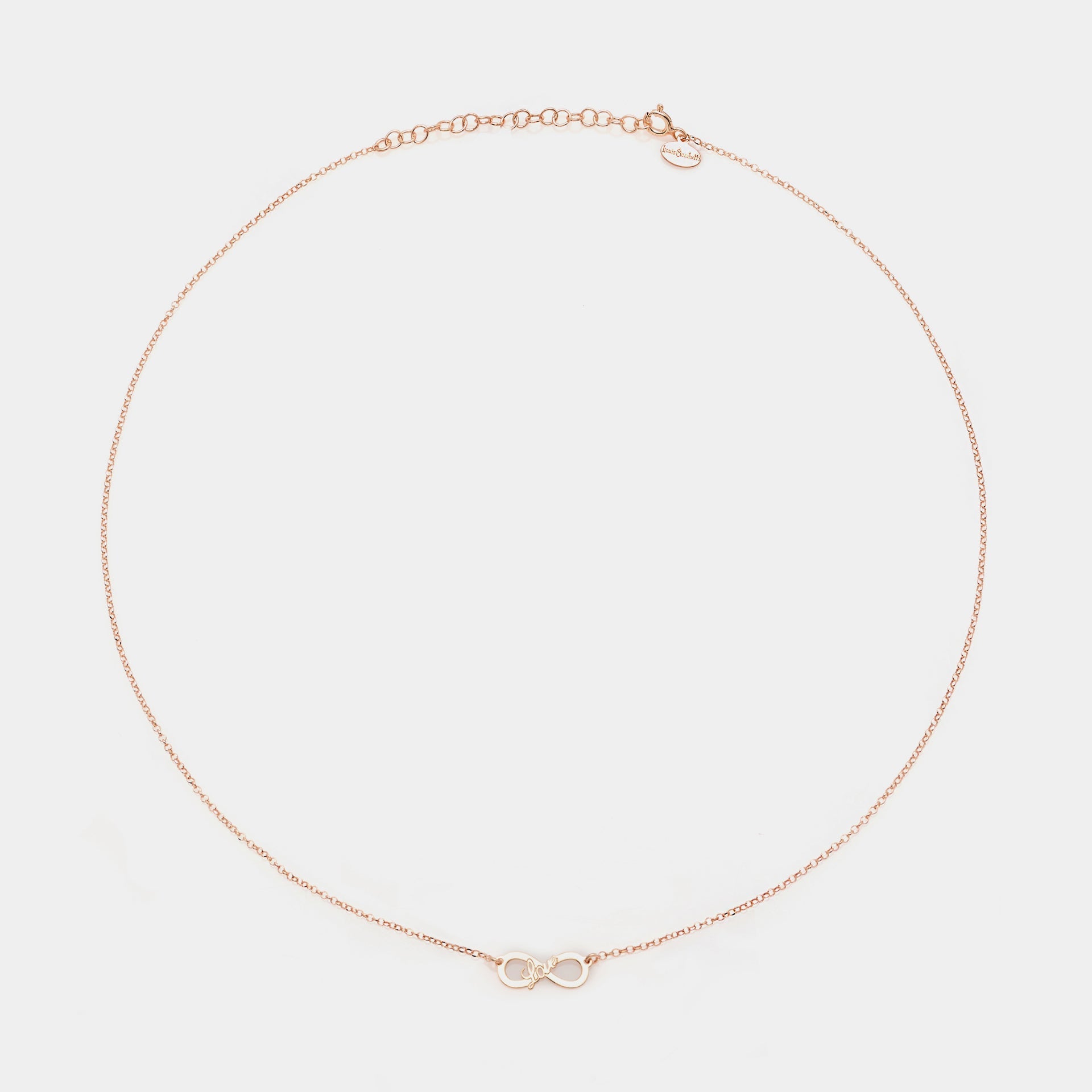 Rose gold silver necklace with pierced infinity center and LOVE inscription