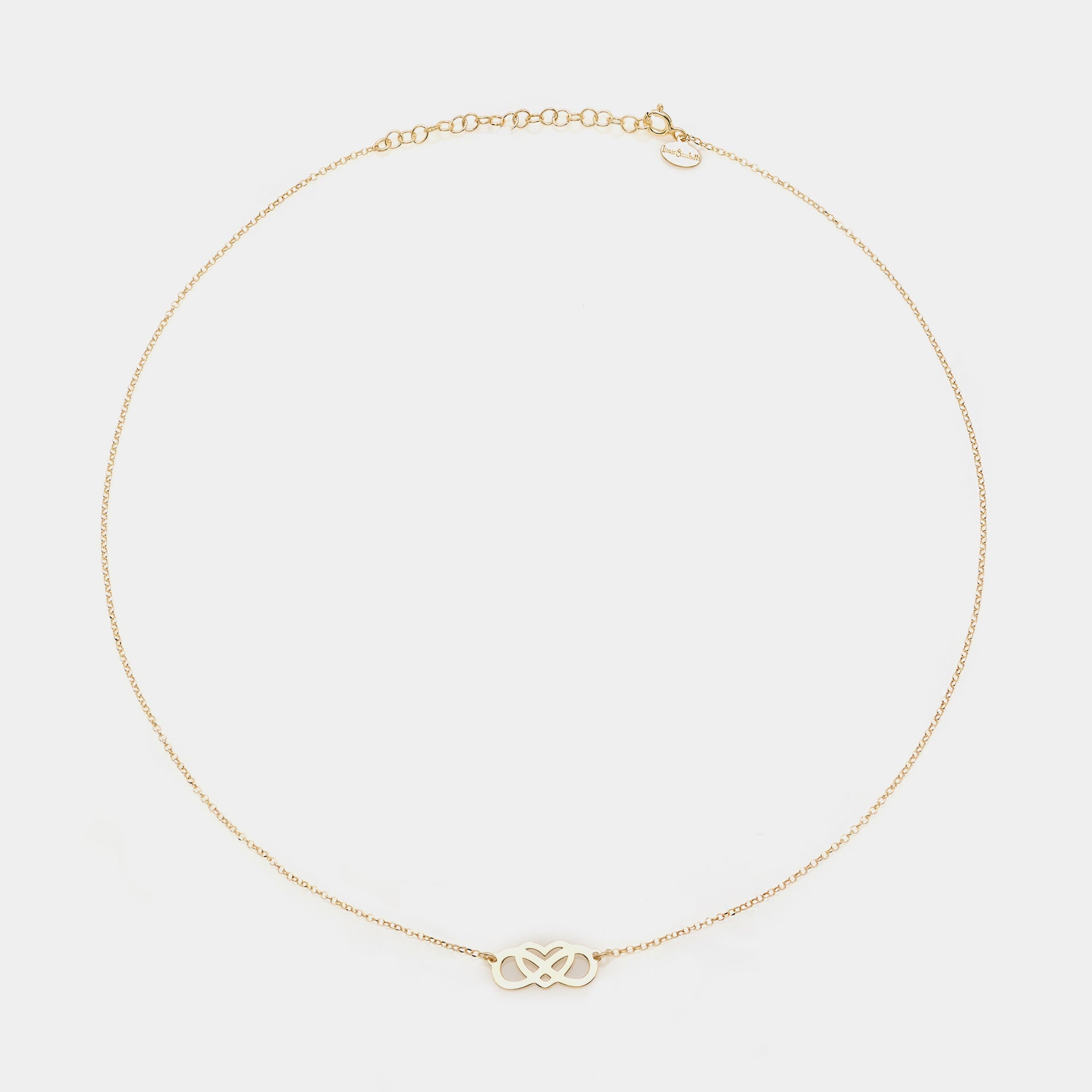 Gold-plated silver necklace with intertwined and perforated infinity center and heart