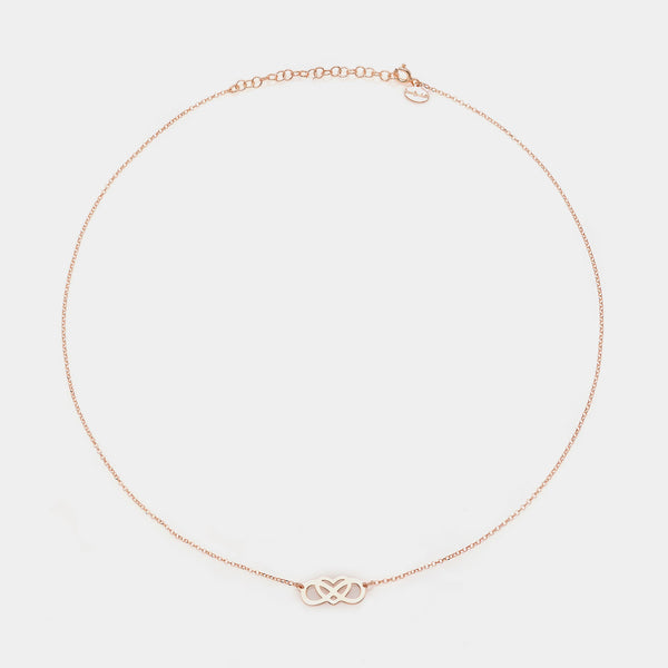 Rose gold silver necklace with intertwined and perforated infinity center and heart