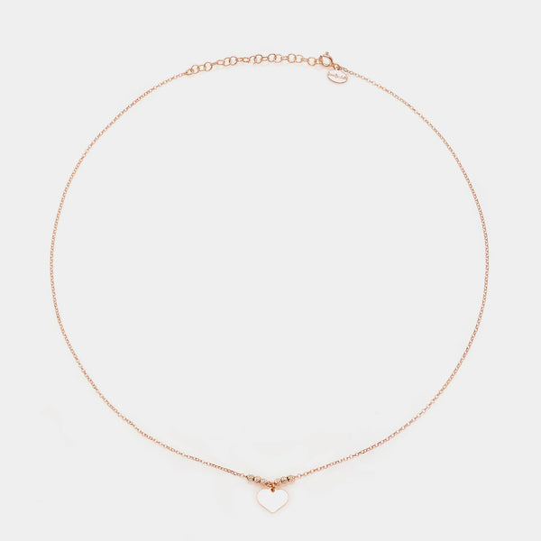 Rose gold silver necklace with classic heart pendant and faceted spheres on the sides