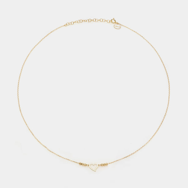 Gold-plated silver necklace with twisted heart centerpiece and faceted spheres on the sides