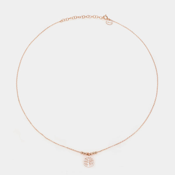Rose gold silver necklace with round pierced tree of life pendant and faceted spheres on the sides