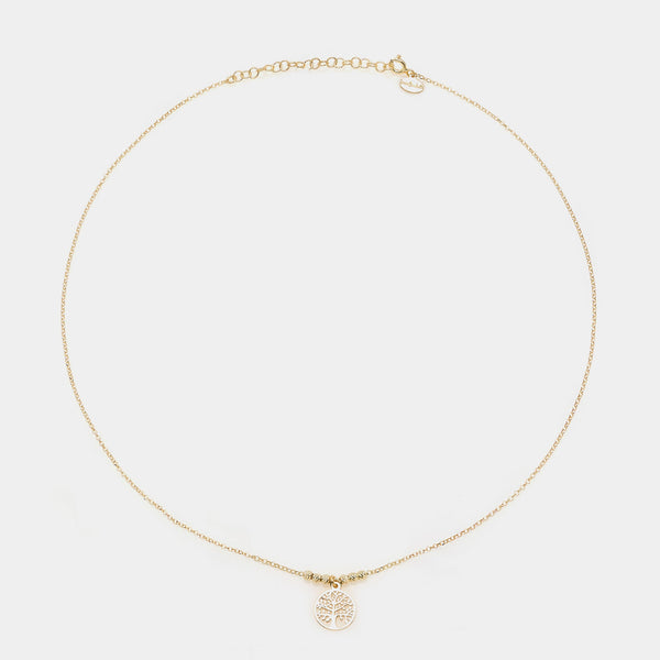 Gold-plated silver necklace with round pierced tree of life pendant and faceted spheres on the sides