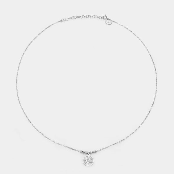 Rhodium-plated silver necklace with central round pierced tree of life pendant and 3 faceted spheres on the sides