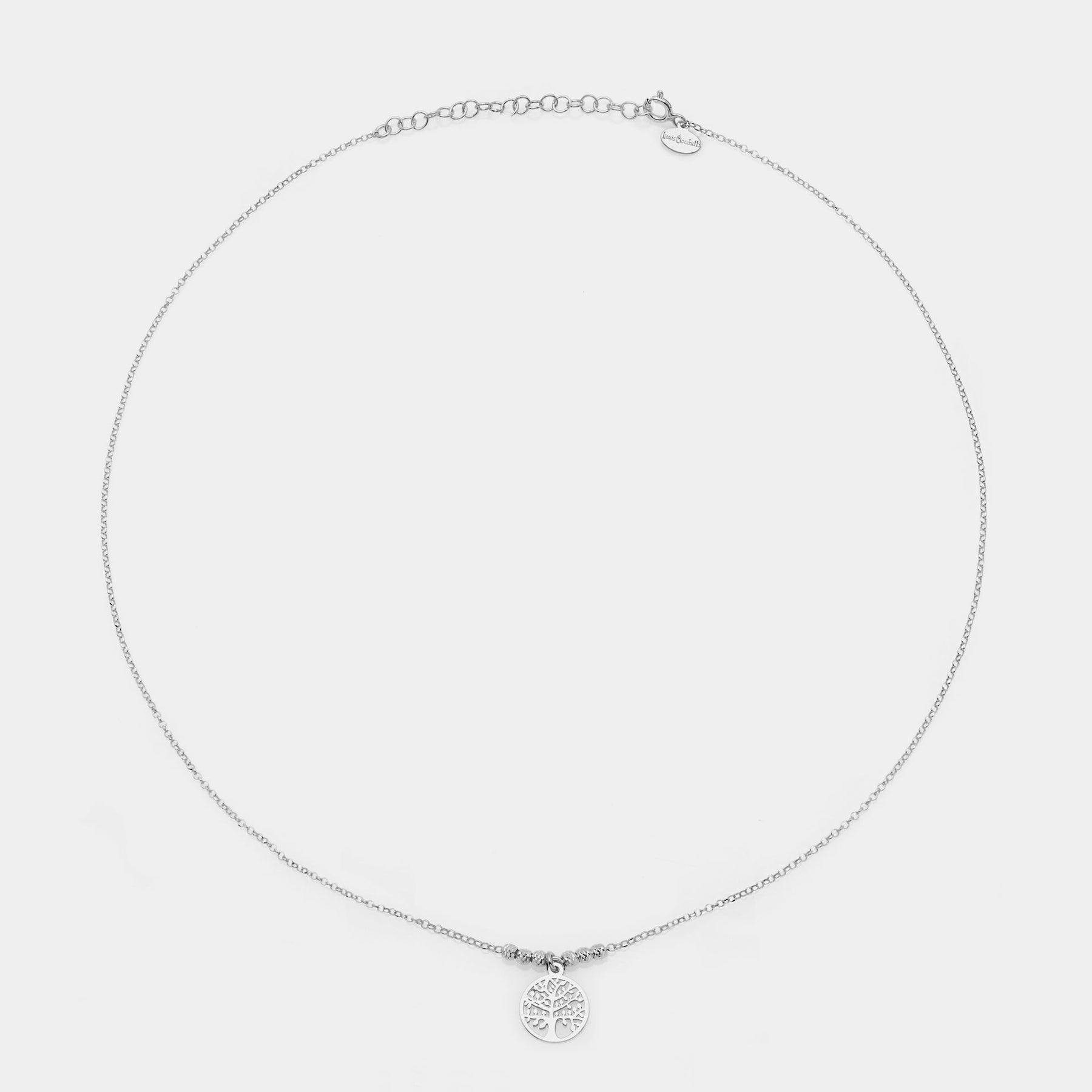 Rhodium-plated silver necklace with central round pierced tree of life pendant and 3 faceted spheres on the sides