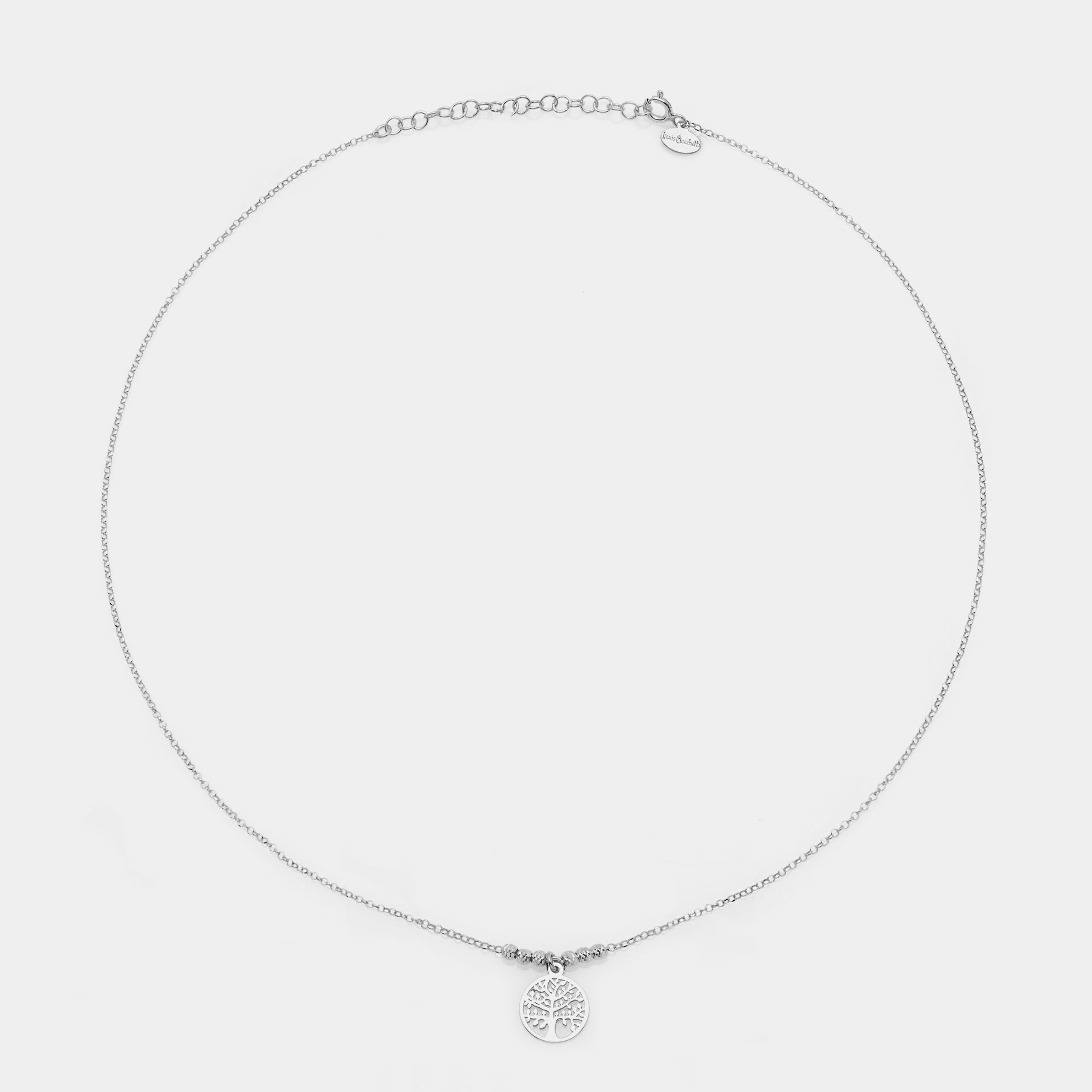 Rhodium-plated silver necklace with central round pierced tree of life pendant and 3 faceted spheres on the sides