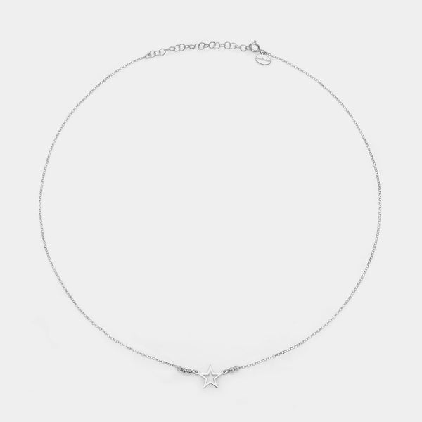Rhodium-plated silver necklace with pierced star centerpiece and 3 faceted spheres on the sides
