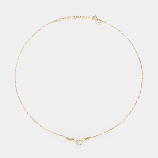 Gold-plated silver necklace with pierced star centerpiece and faceted spheres on the sides