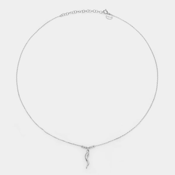 Rhodium-plated silver necklace with a central pendant of curved horn and 3 faceted spheres on the sides