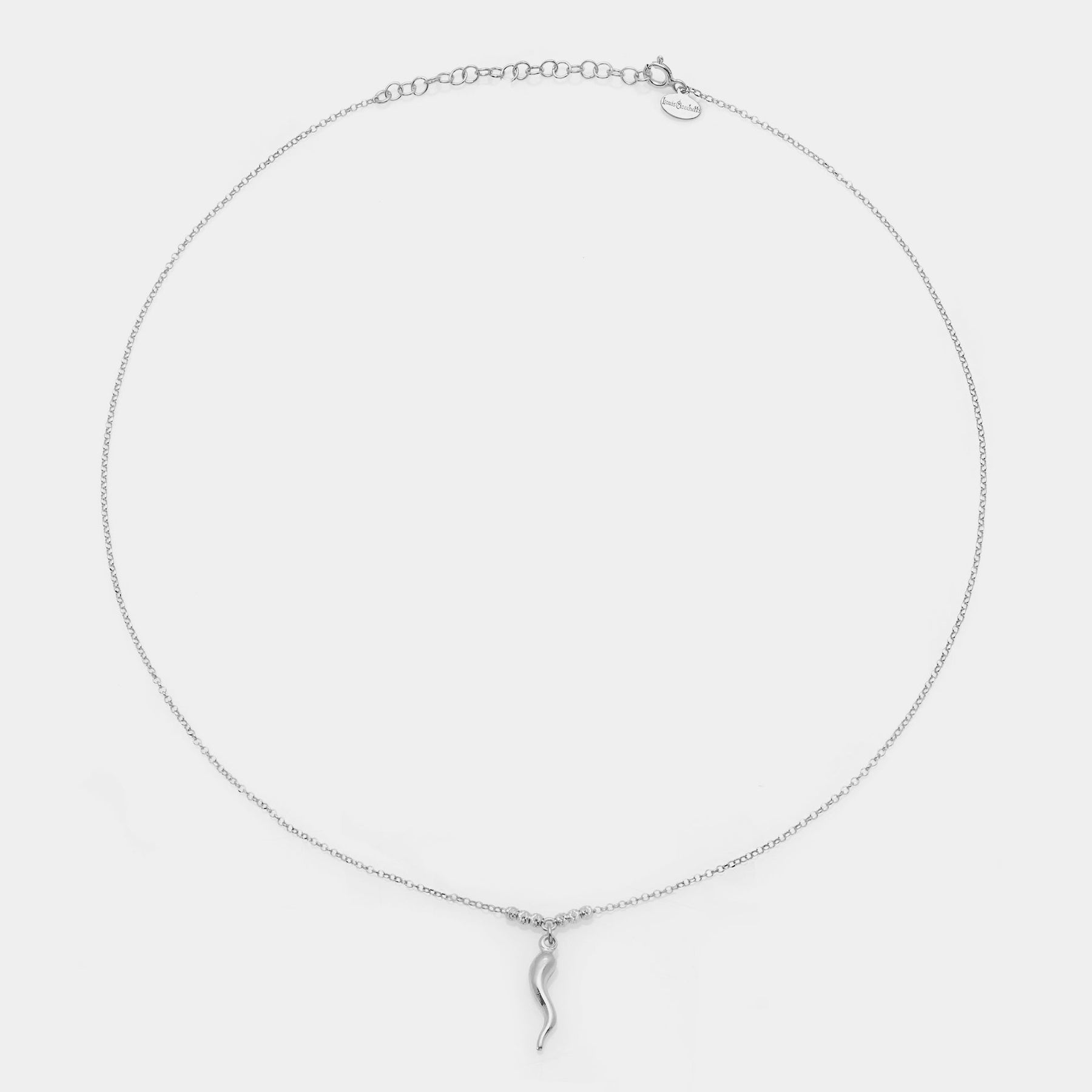 Rhodium-plated silver necklace with a central pendant of curved horn and 3 faceted spheres on the sides