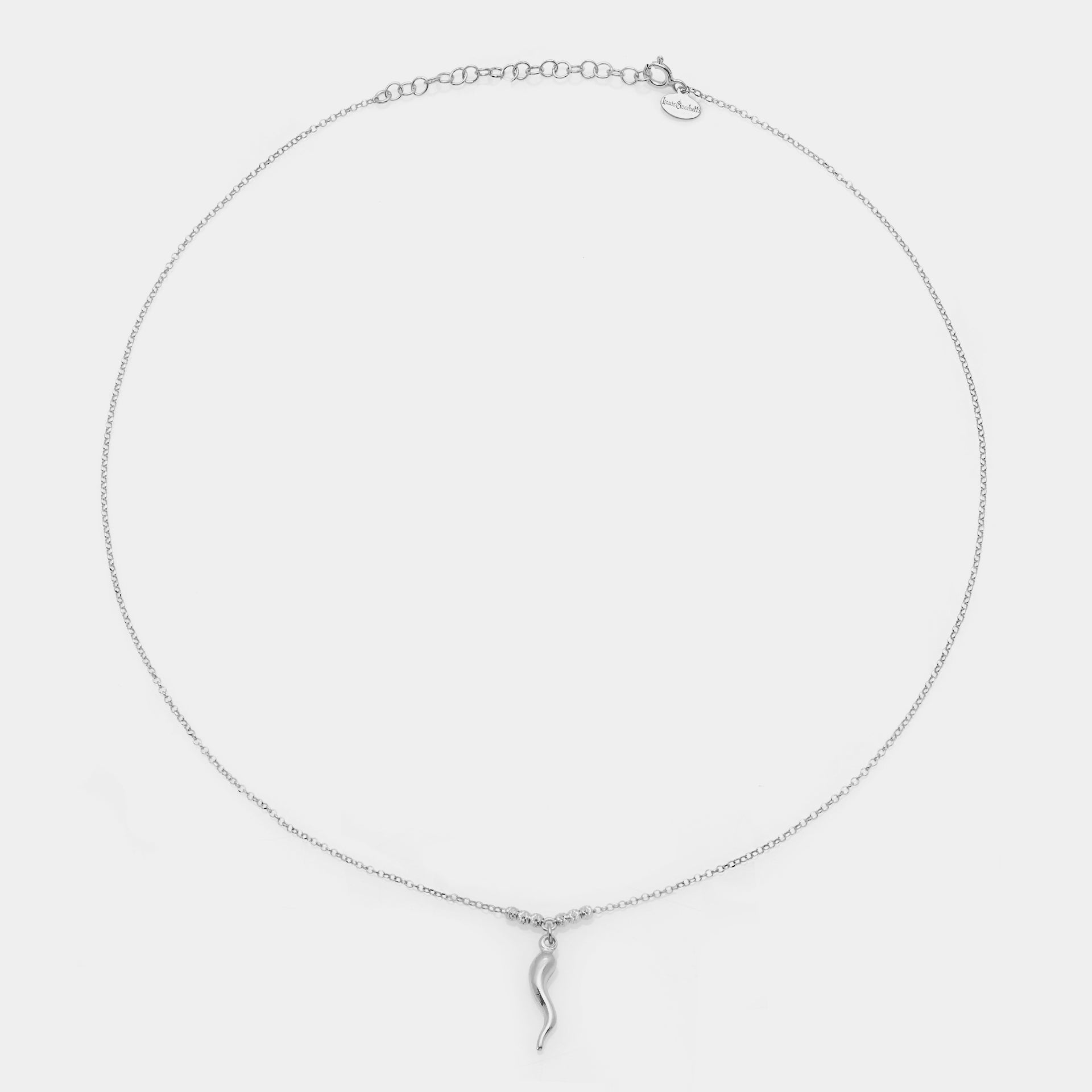 Rhodium-plated silver necklace with a central pendant of curved horn and 3 faceted spheres on the sides