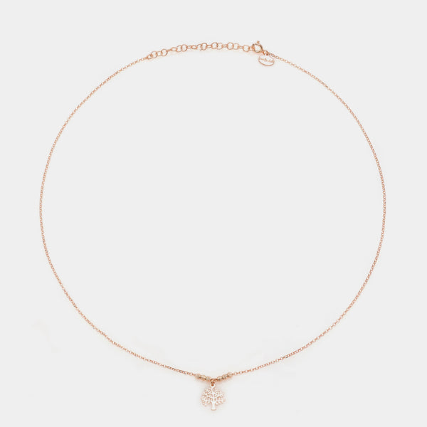Rose gold silver necklace with pierced tree of life pendant and faceted spheres on the sides