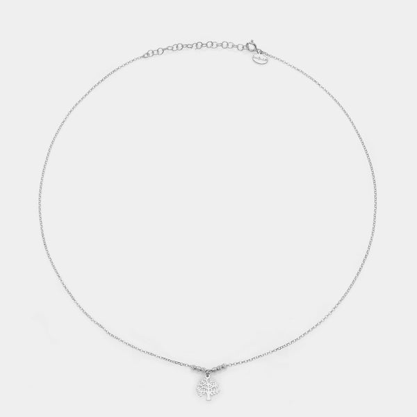 Rhodium-plated silver necklace with pierced tree of life pendant and faceted spheres on the sides
