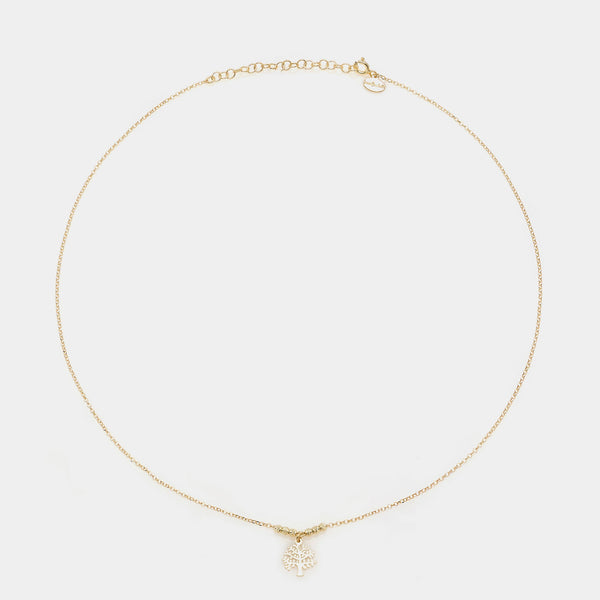 Rose gold necklace with a central pierced tree of life pendant and faceted spheres on the sides