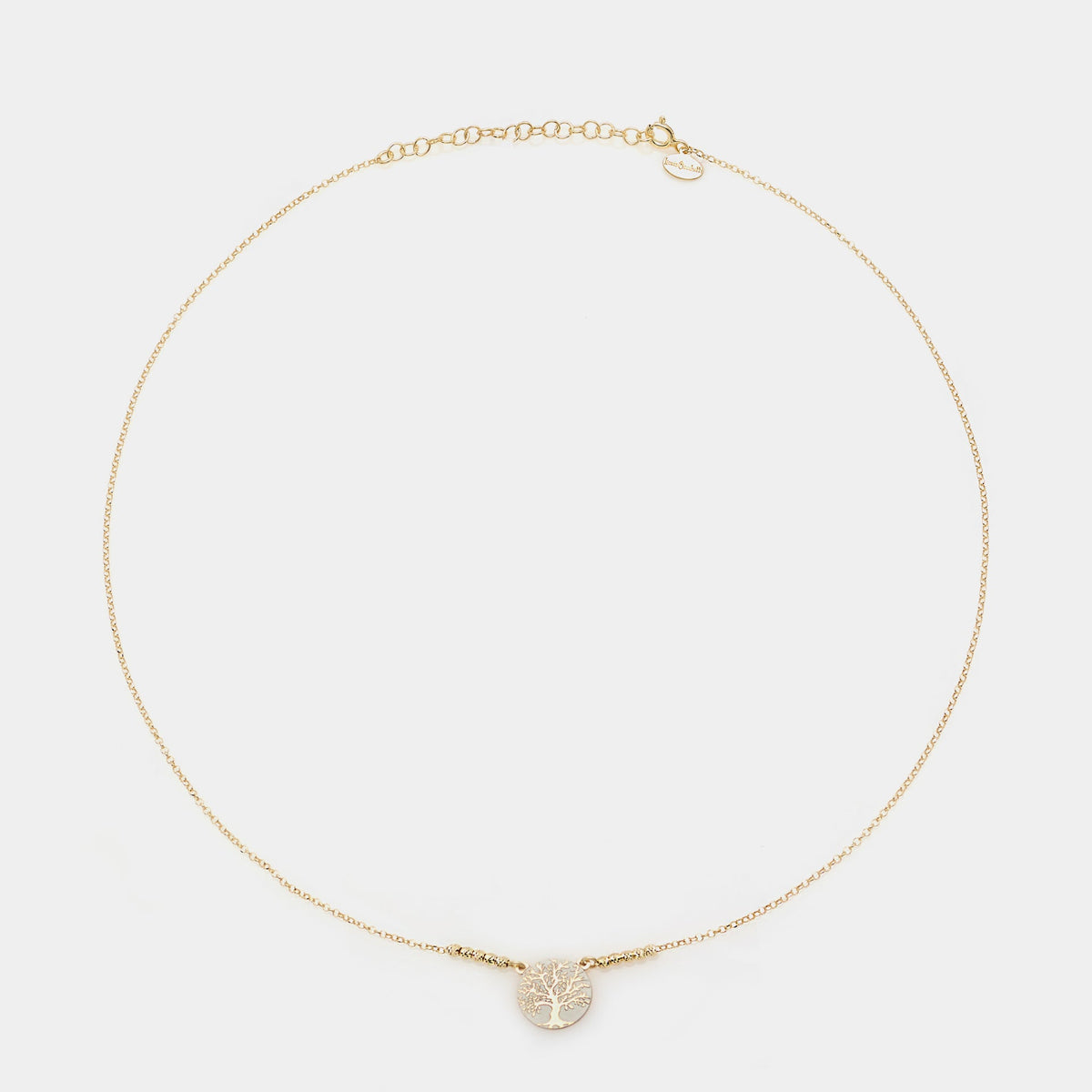 Gold-plated silver necklace with faceted spheres and large central tree of life