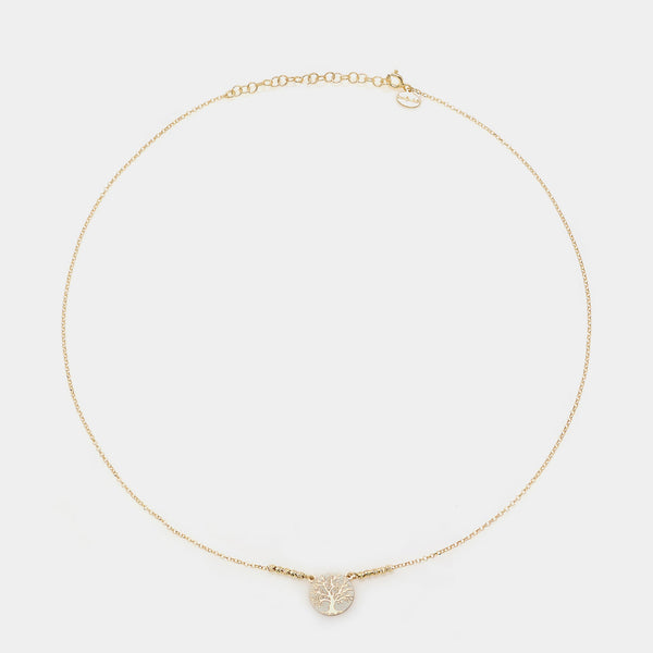 Collar de plata chapada en oro con esferas facetadas y gran árbol de la vida central