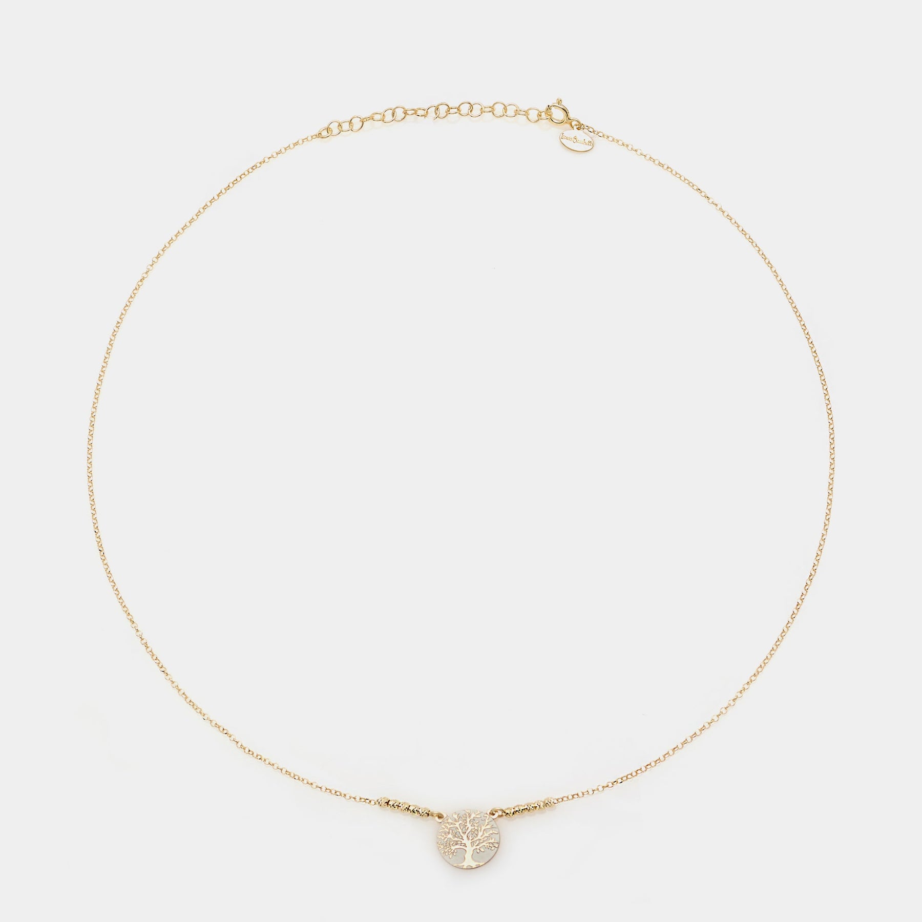 Gold-plated silver necklace with faceted spheres and large central tree of life