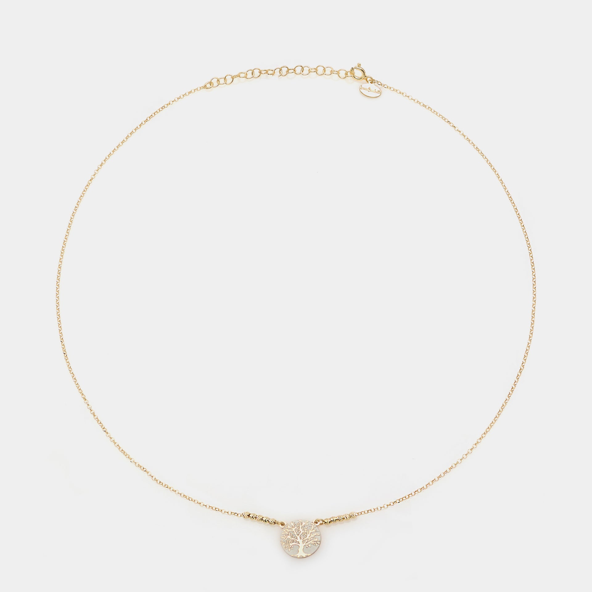 Gold-plated silver necklace with faceted spheres and large central tree of life