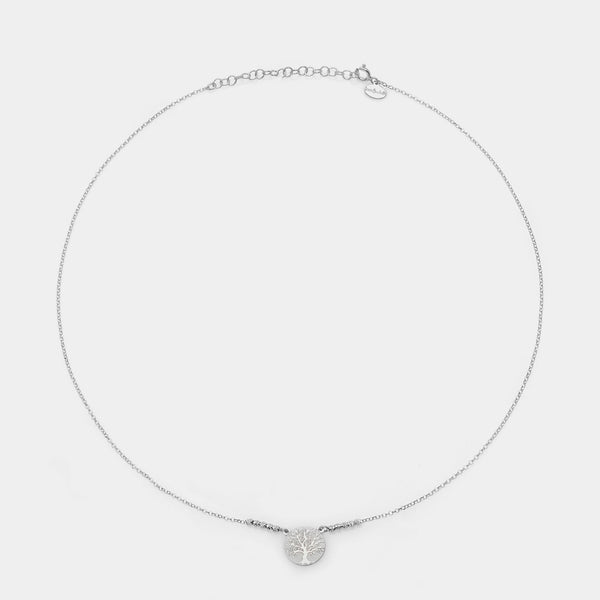 Rhodium-plated silver necklace with faceted spheres and large central tree of life