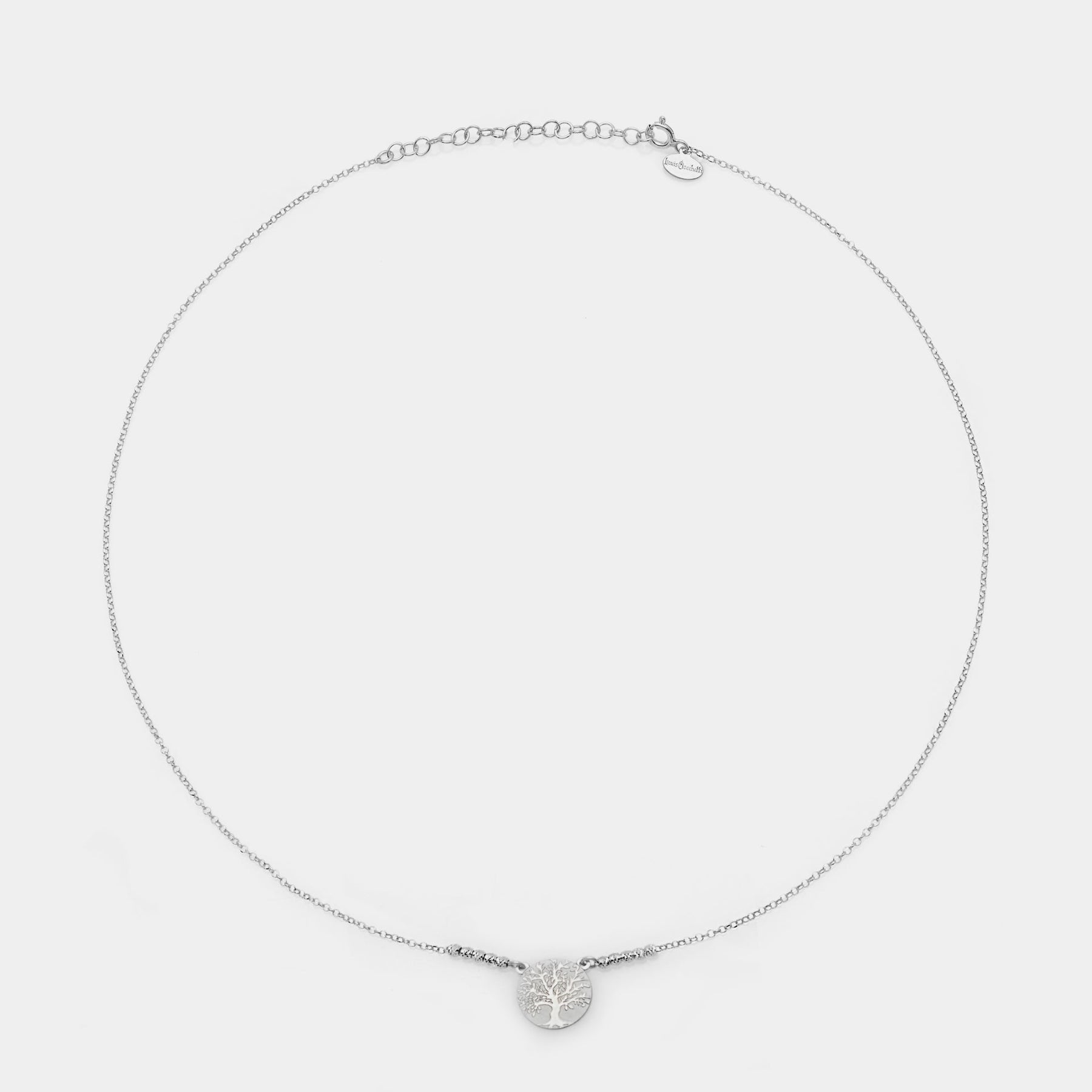 Rhodium-plated silver necklace with faceted spheres and large central tree of life