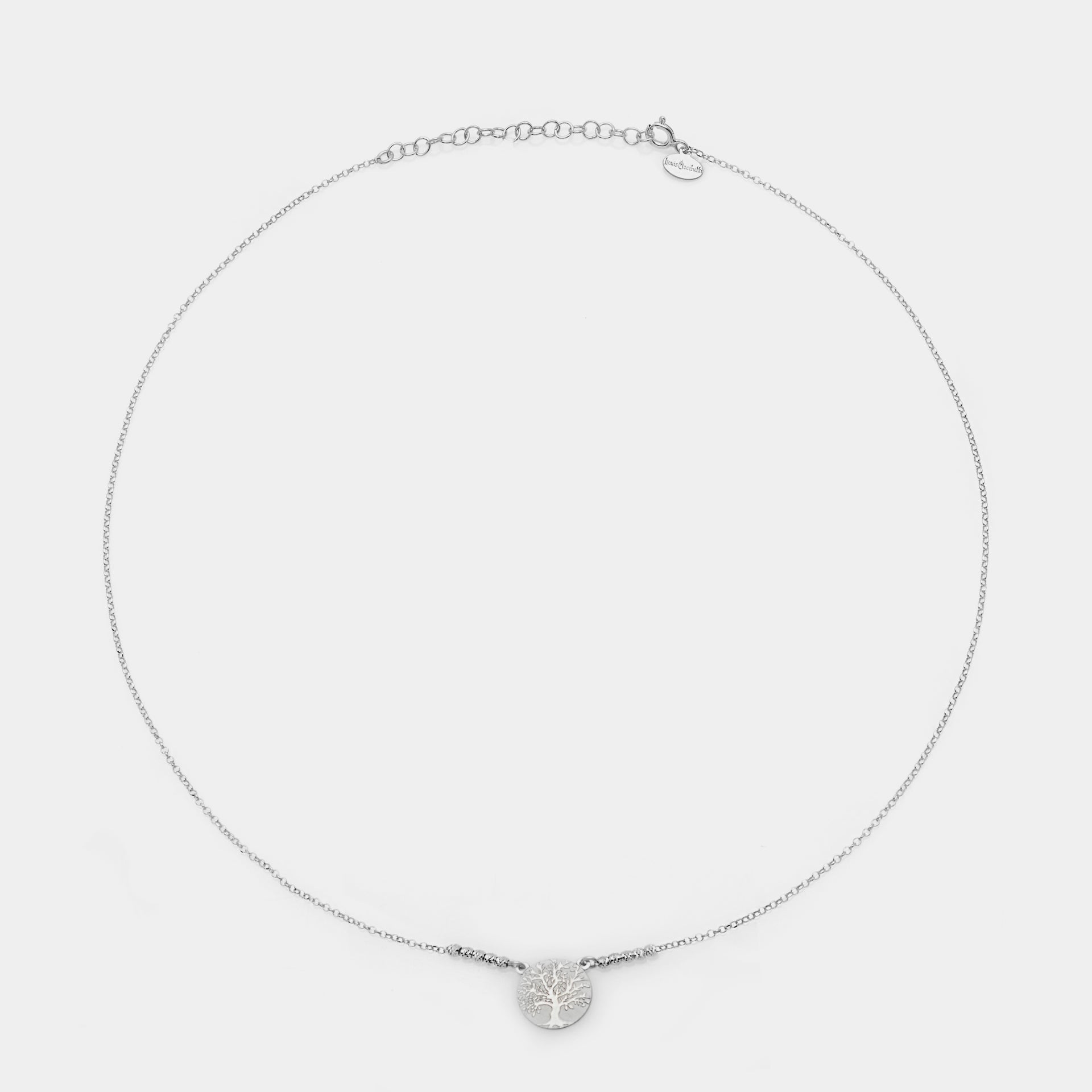 Rhodium-plated silver necklace with faceted spheres and large central tree of life