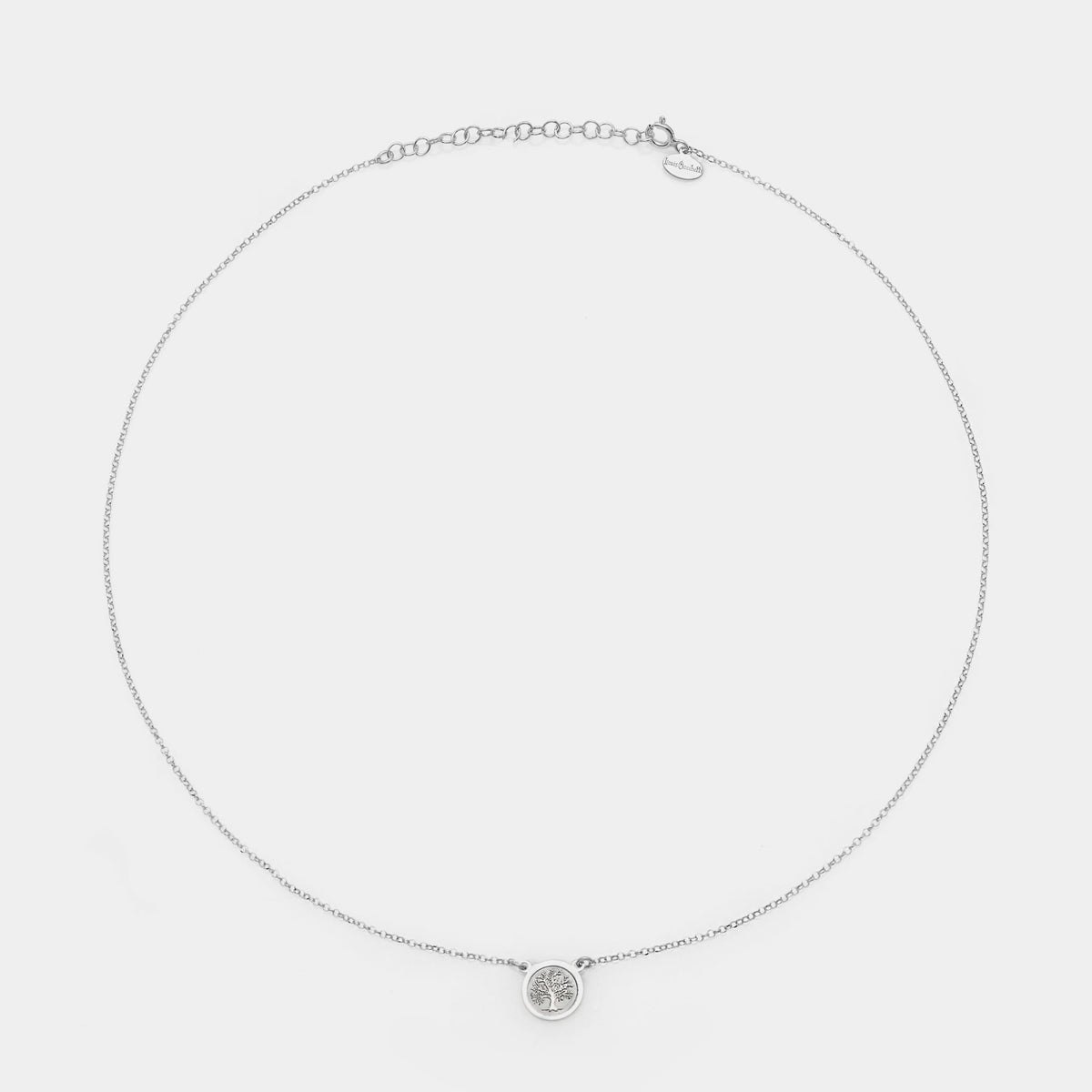Rhodium-plated silver necklace with central disc featuring the tree of life