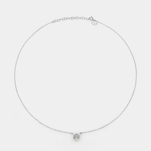 Rhodium-plated silver necklace with central disc featuring the tree of life