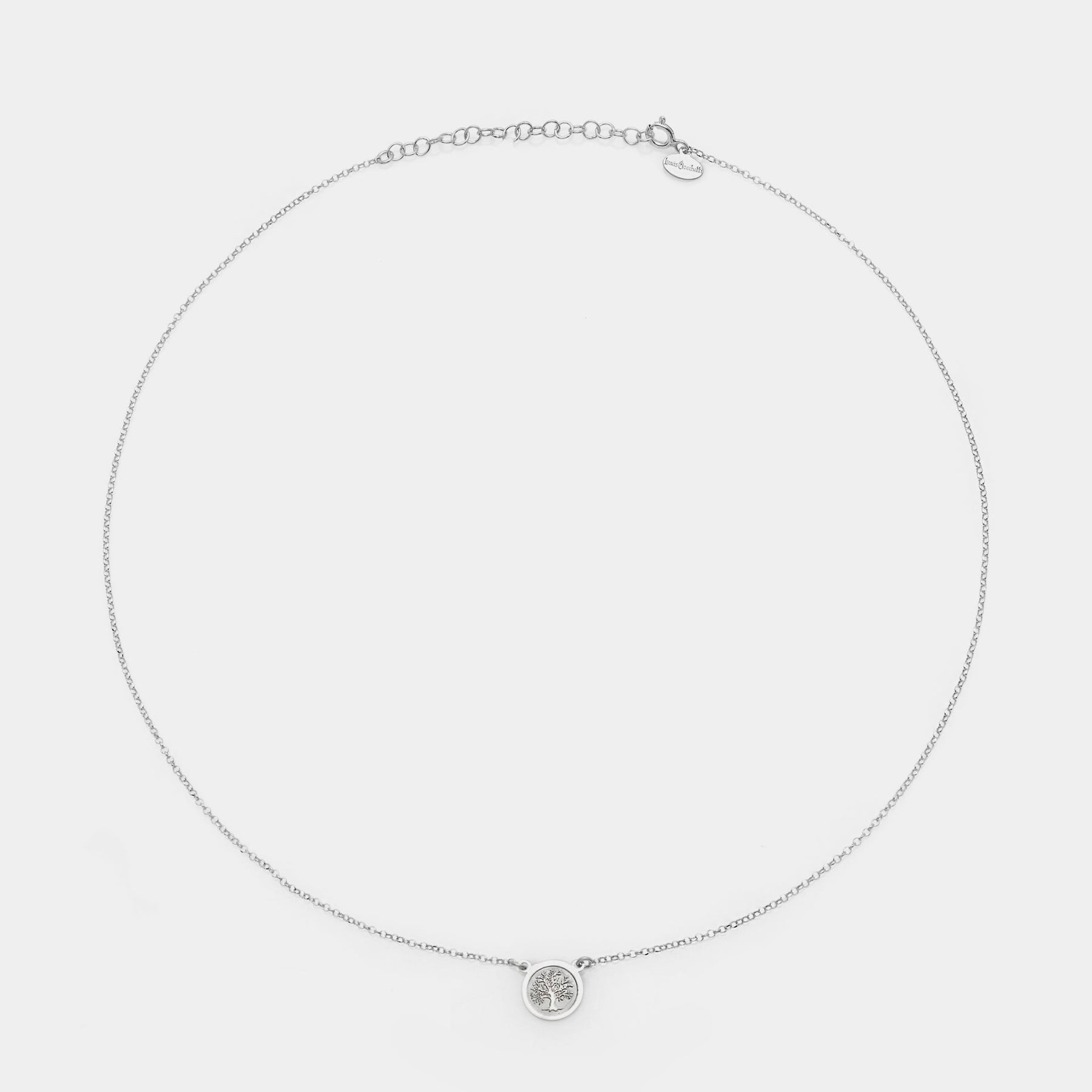 Rhodium-plated silver necklace with central disc featuring the tree of life