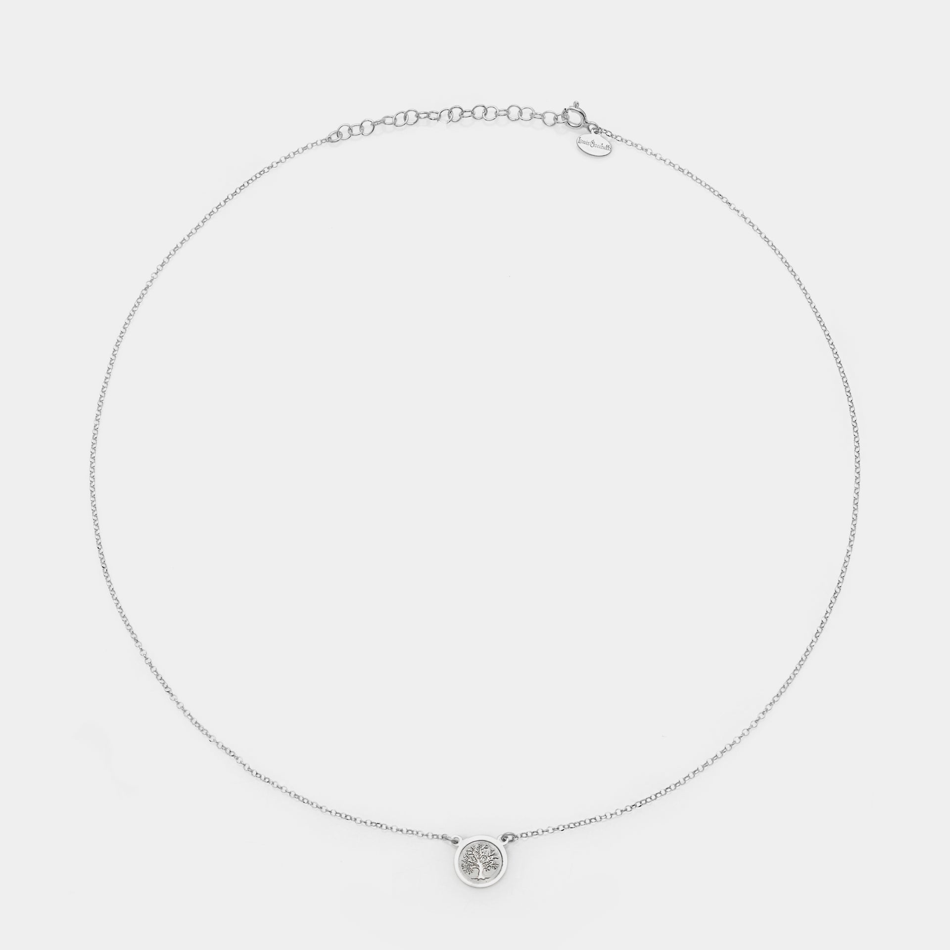 Rhodium-plated silver necklace with central disc featuring the tree of life