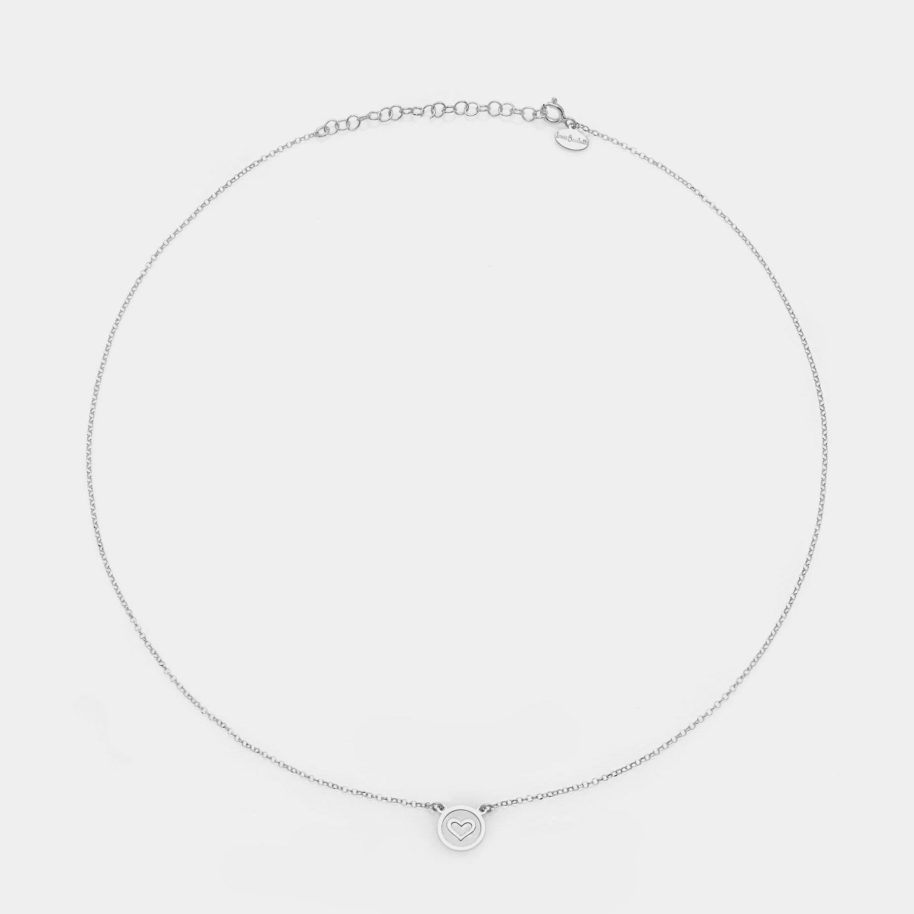 Rhodium-plated silver necklace with heart disc centerpiece