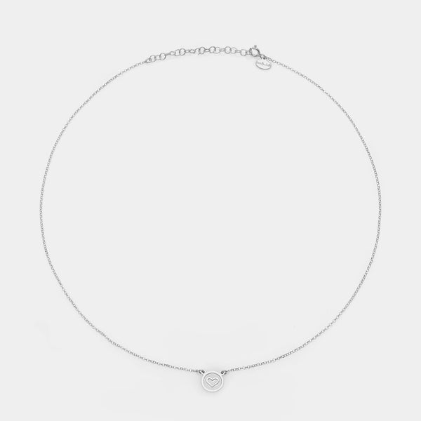 Rhodium-plated silver necklace with heart disc centerpiece
