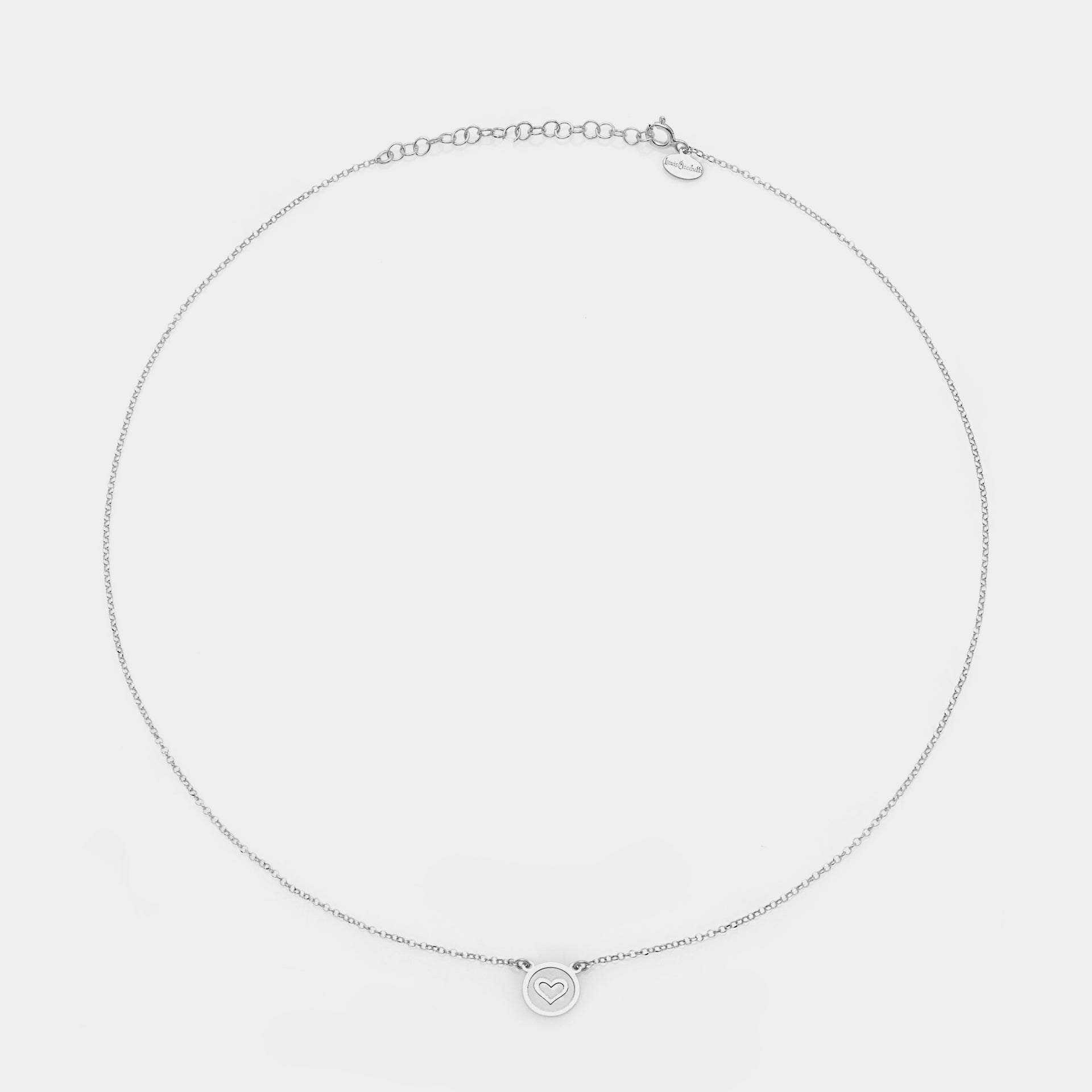 Rhodium-plated silver necklace with heart disc centerpiece