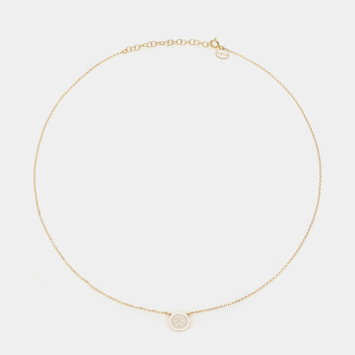 Gold-plated silver necklace with central disc and four-leaf clover