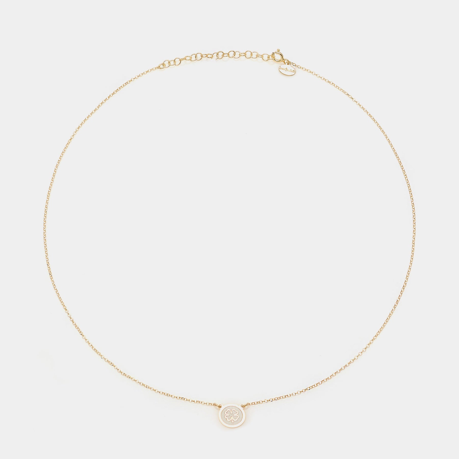 Gold-plated silver necklace with central disc and four-leaf clover