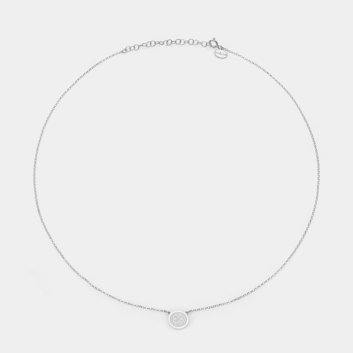 Collana argento rodiato con centrale disco con quadrifoglio