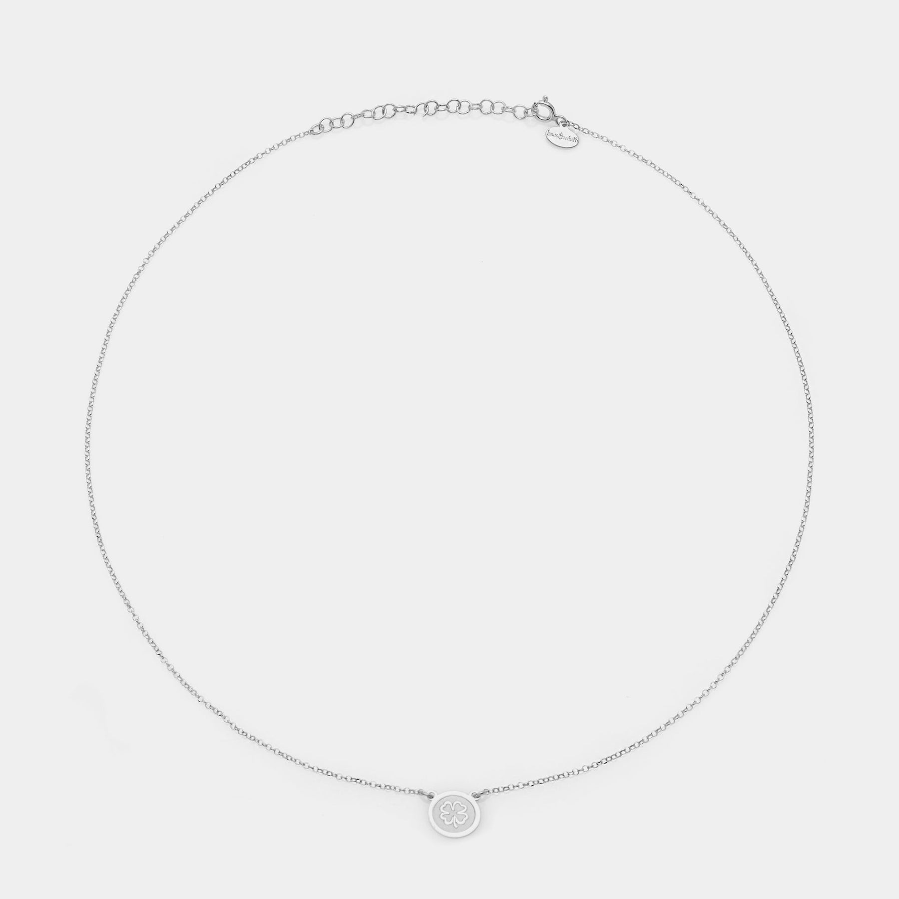 Rhodium-plated silver necklace with central disc and shamrock
