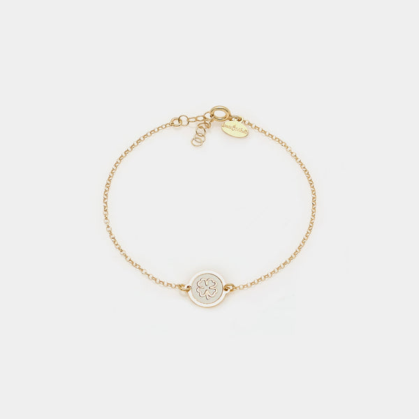 Gold-plated silver bracelet with central disc and clover