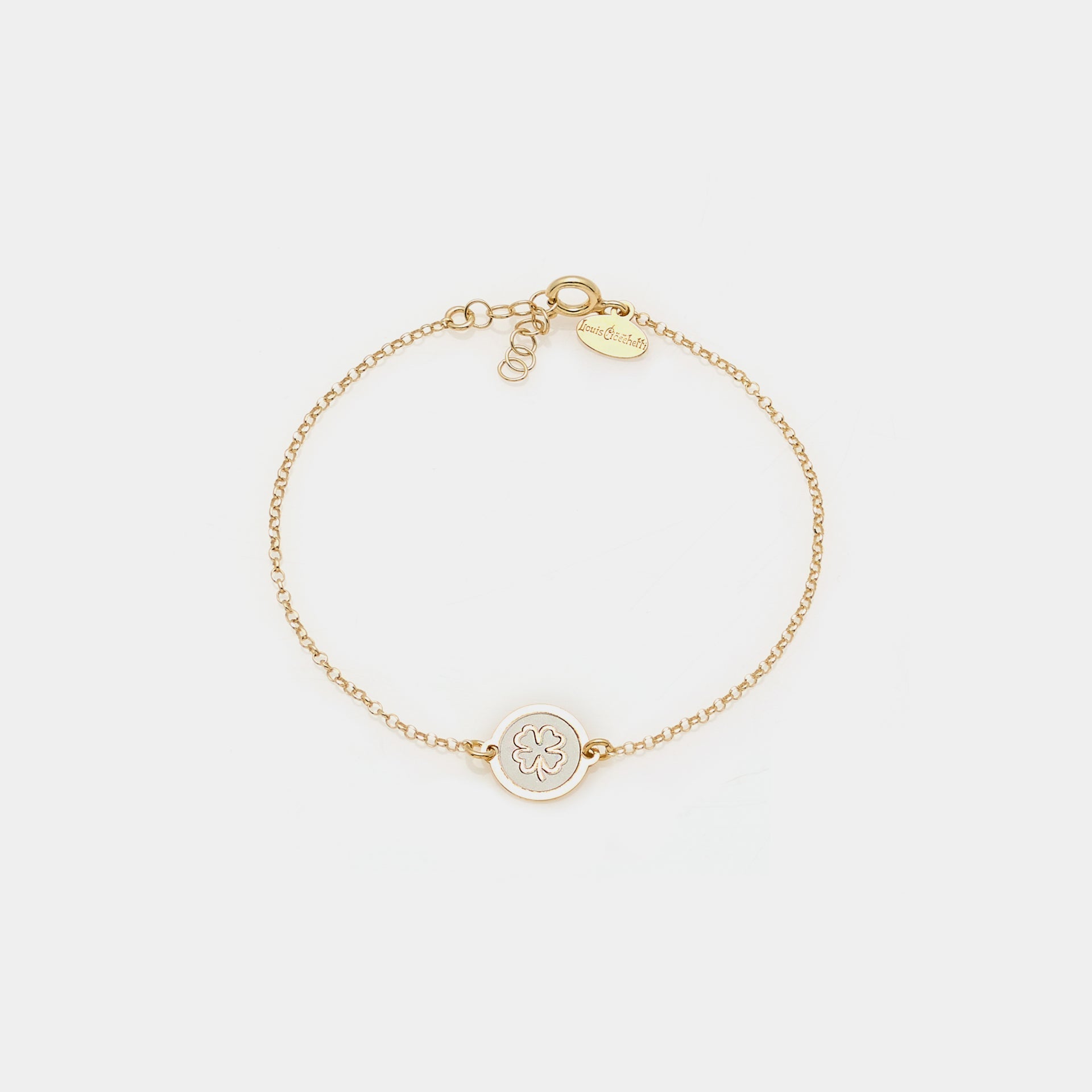 Gold-plated silver bracelet with central disc and clover