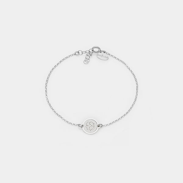 Rhodium-plated silver bracelet with central disc and four-leaf clover
