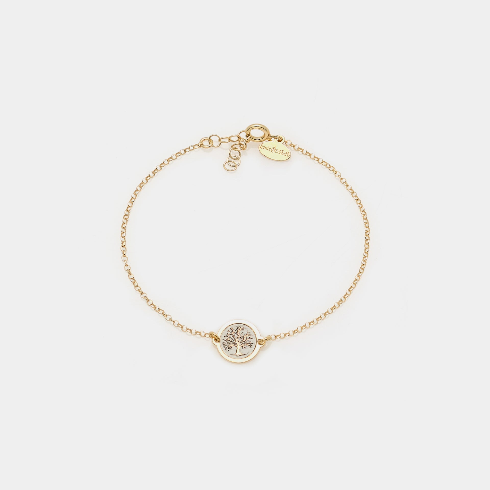 Gold-plated silver bracelet with central disc featuring the tree of life