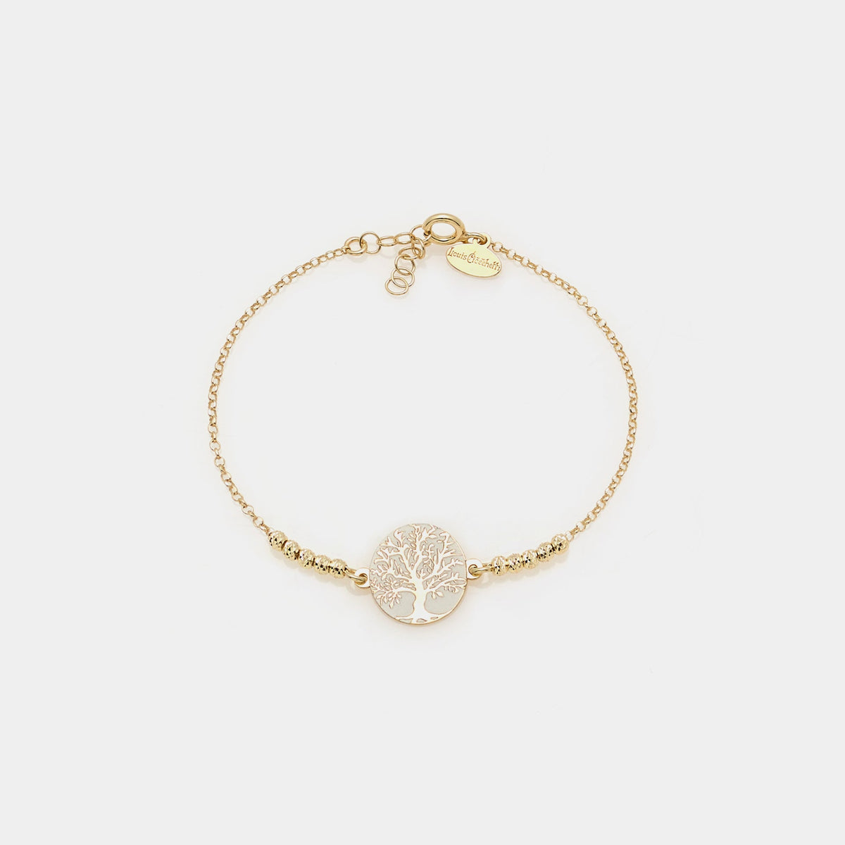 Gold-plated silver bracelet with faceted spheres and large central tree of life
